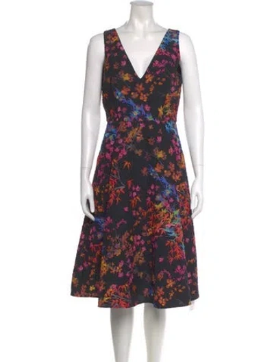 Pre-owned Saloni Floral Print Midi Length Dress In Black