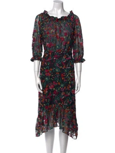 Pre-owned Saloni Floral Print Midi Length Dress In Black