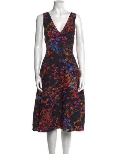 Pre-owned Saloni Floral Print Midi Length Dress In Black