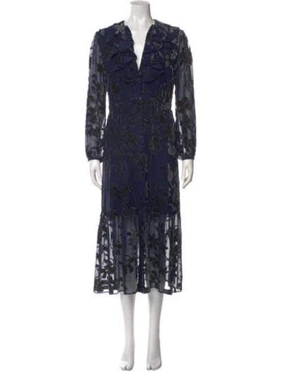 Pre-owned Saloni Floral Print Midi Length Dress In Blue