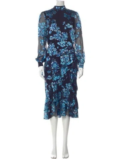 Pre-owned Saloni Floral Print Midi Length Dress In Blue