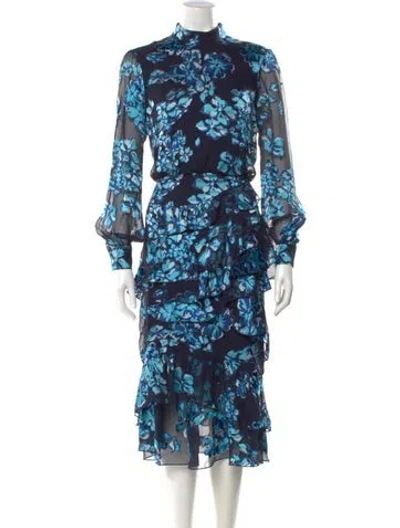 Pre-owned Saloni Floral Print Midi Length Dress In Blue