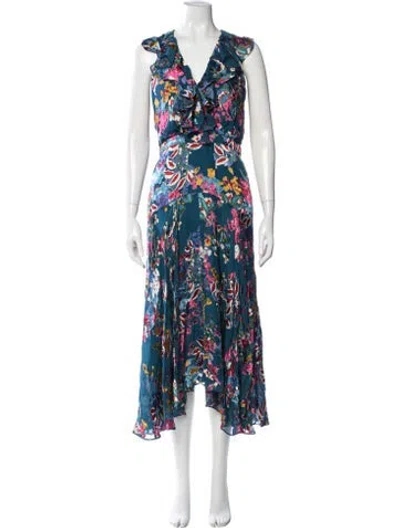 Pre-owned Saloni Floral Print Midi Length Dress In Blue
