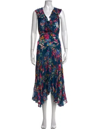Pre-owned Saloni Floral Print Midi Length Dress In Blue
