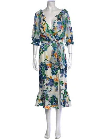 Pre-owned Saloni Floral Print Midi Length Dress In Blue/neutrals