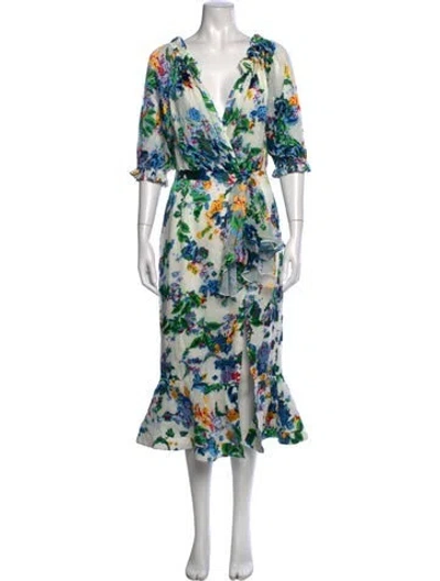 Pre-owned Saloni Floral Print Midi Length Dress In Blue/neutrals
