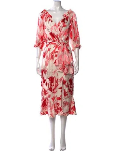 Pre-owned Saloni Floral Print Midi Length Dress In Neutrals/red