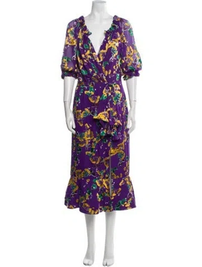 Pre-owned Saloni Floral Print Midi Length Dress In Purple