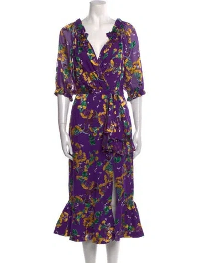 Pre-owned Saloni Floral Print Midi Length Dress In Purple