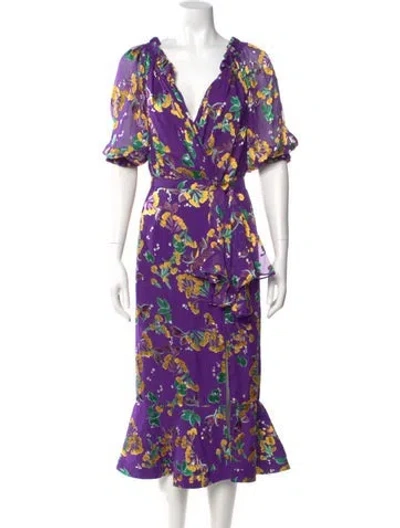 Pre-owned Saloni Floral Print Midi Length Dress In Purple