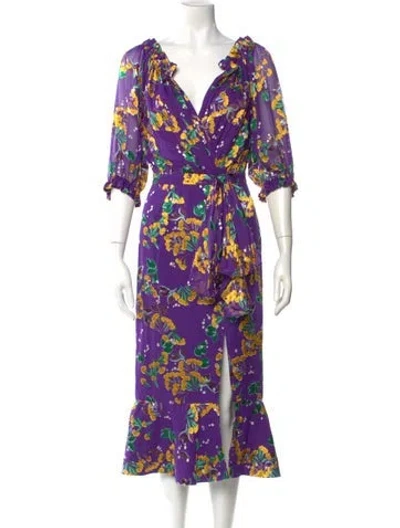 Pre-owned Saloni Floral Print Midi Length Dress In Purple