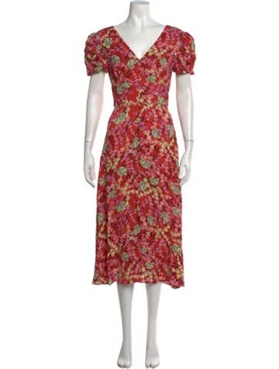 Pre-owned Saloni Floral Print Midi Length Dress In Red