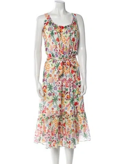 Pre-owned Saloni Floral Print Midi Length Dress In White