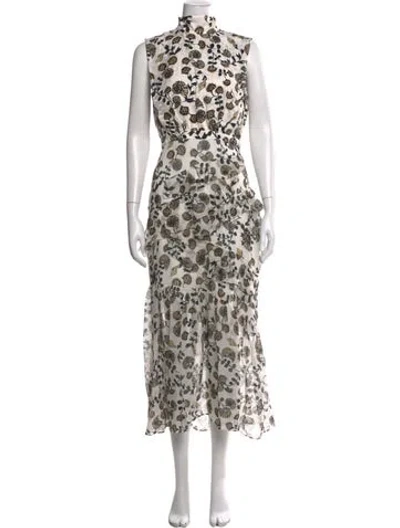 Pre-owned Saloni Floral Print Midi Length Dress In White