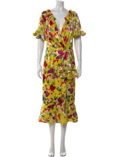 Pre-owned Saloni Floral Print Midi Length Dress In Yellow