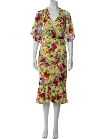 Pre-owned Saloni Floral Print Midi Length Dress In Yellow