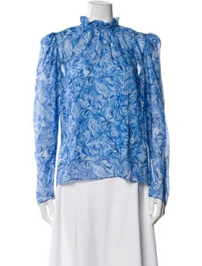 Pre-owned Saloni Floral Print Mock Neck Blouse In Blue