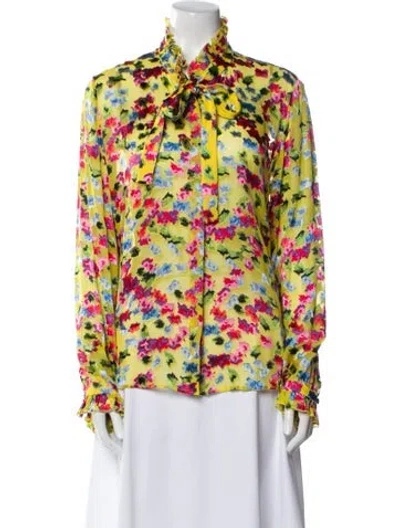 Pre-owned Saloni Floral Print Mock Neck Blouse In Blue