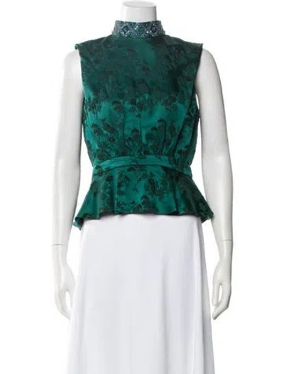 Pre-owned Saloni Floral Print Mock Neck Blouse W/ Tags In Green
