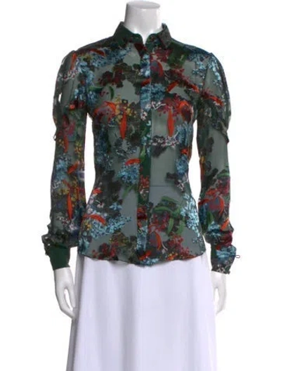 Pre-owned Saloni Floral Print Mock Neck Button-up Top In Green