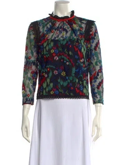 Pre-owned Saloni Floral Print Mock Neck Sweatshirt In Green