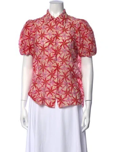 Pre-owned Saloni Floral Print Short Sleeve Blouse In Red