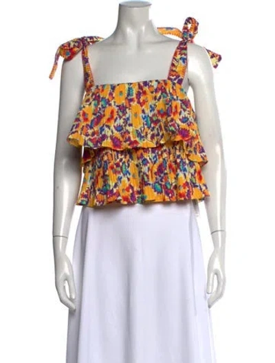 Pre-owned Saloni Floral Print Square Neckline Top In Yellow