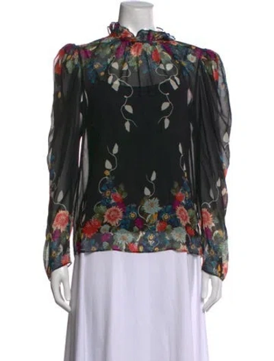 Pre-owned Saloni Floral Print Tie Neck Blouse In Black