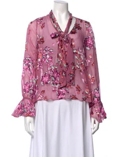 Pre-owned Saloni Floral Print Tie Neck Blouse In Pink