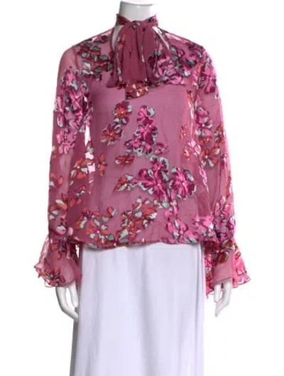 Pre-owned Saloni Floral Print Tie Neck Blouse In Pink