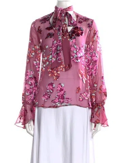 Pre-owned Saloni Floral Print Tie Neck Blouse In Pink