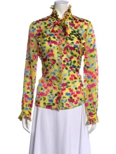 Pre-owned Saloni Floral Print Tie Neck Blouse In Yellow