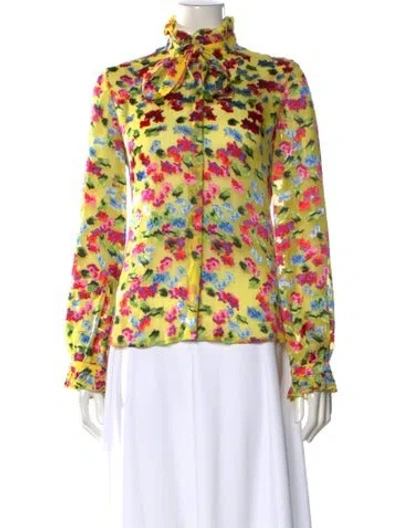 Pre-owned Saloni Floral Print Tie Neck Blouse In Yellow