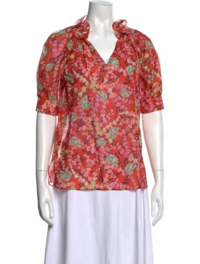 Pre-owned Saloni Floral Print V-neck Blouse In Red
