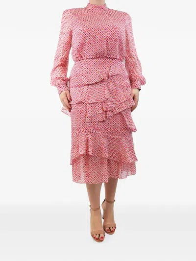 Pre-owned Saloni Floral-print Long-sleeve Ruffled Silk Midi Dress In Pink