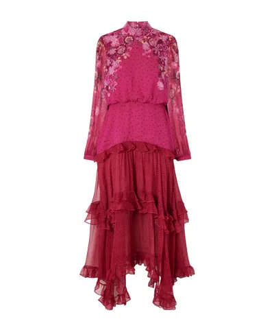 Saloni Jolie-c Asymmetric Tiered Floral-print Silk-georgette Maxi Dress In Pink