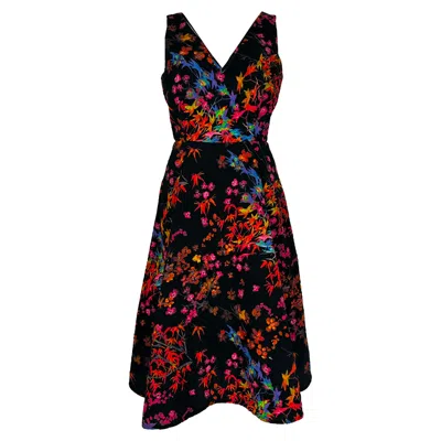 Pre-owned Saloni Floral-print V-neck Midi Dress In Multicolor Polyester