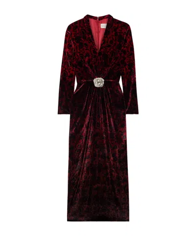 Saloni Mya Crystal-embellished Gathered Printed Velvet Midi Dress In Multi