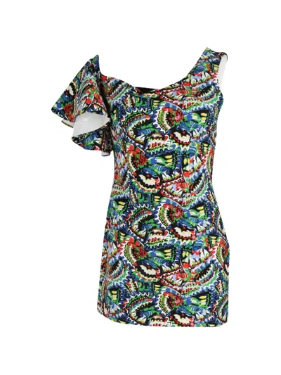 Pre-owned Saloni Greta One-shoulder Ruffle-sleeve Mini Dress In Blue