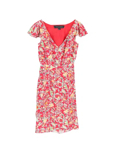 Pre-owned Saloni Heather Floral-print Ruffle Midi Dress In Red