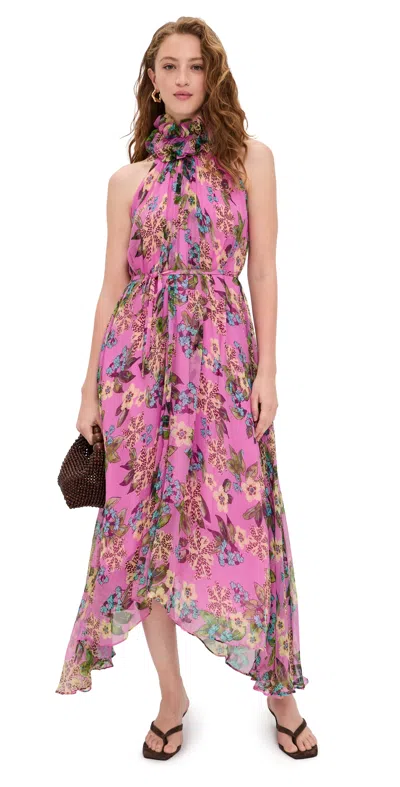 Saloni Iris Silk Ruffle Dress Fiori Peony In Multi