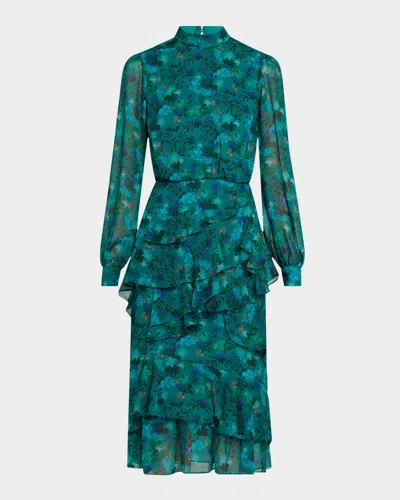 Saloni Isa Mock-neck Floral-print Silk Midi Dress In 2138-flori Peacock