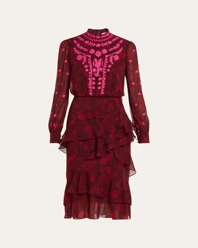 Saloni Isa Mock-neck Floral-print Silk Midi Dress In Pink