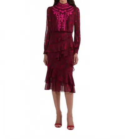 Saloni Isa Ruffle Dress In Astilbe Burgundy Embroidery In Multi