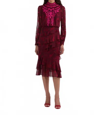 Saloni Isa Ruffle Midi Dress In Astilbe Burgundy Embroidery In Multi