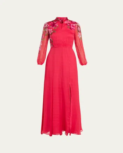 Saloni Jaclyn Printed Long-sleeve Dress In Red