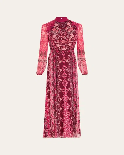 Saloni Jacqui-b Belted Floral Silk Midi Dress In Red
