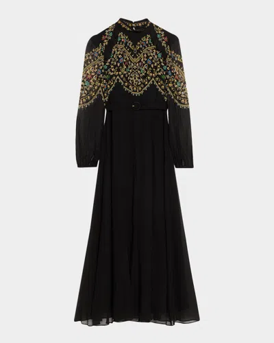Saloni Jacqui-b Belted Printed Chiffon Midi Dress In Black
