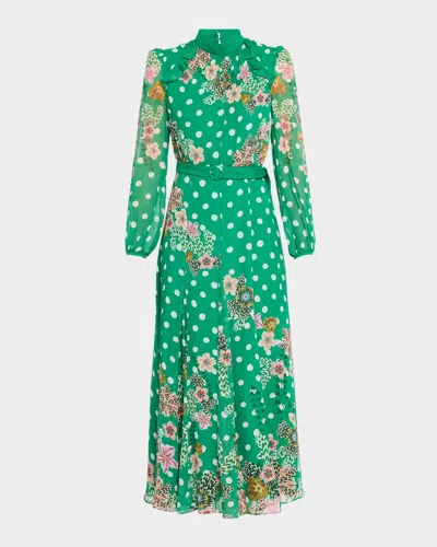 Saloni Jacqui-b Belted Floral Silk Midi Dress In Green