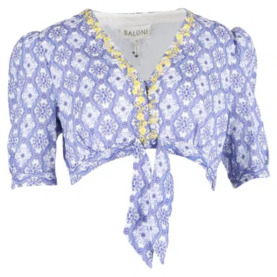 Saloni Jamie Floral-embroidered Cropped Top In Blue Linen